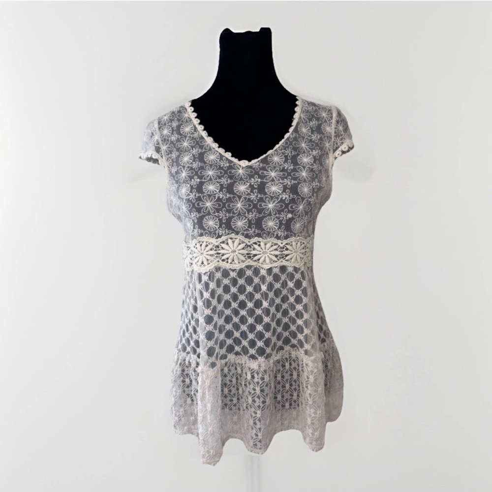 Solitaire Mesh Lace Sheer Tunic Top S Ivory Boho Romantic Fairy Coquette Layer